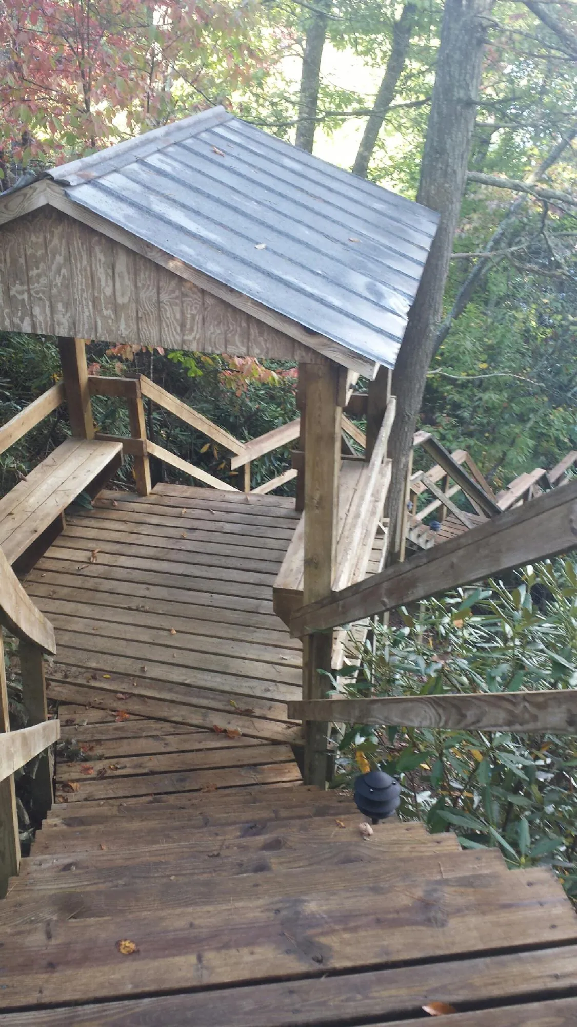 Metal roofed shelter over wooden steps on a wooded walkway — Skylight Repair & Installation work by our crew in Big Bend
